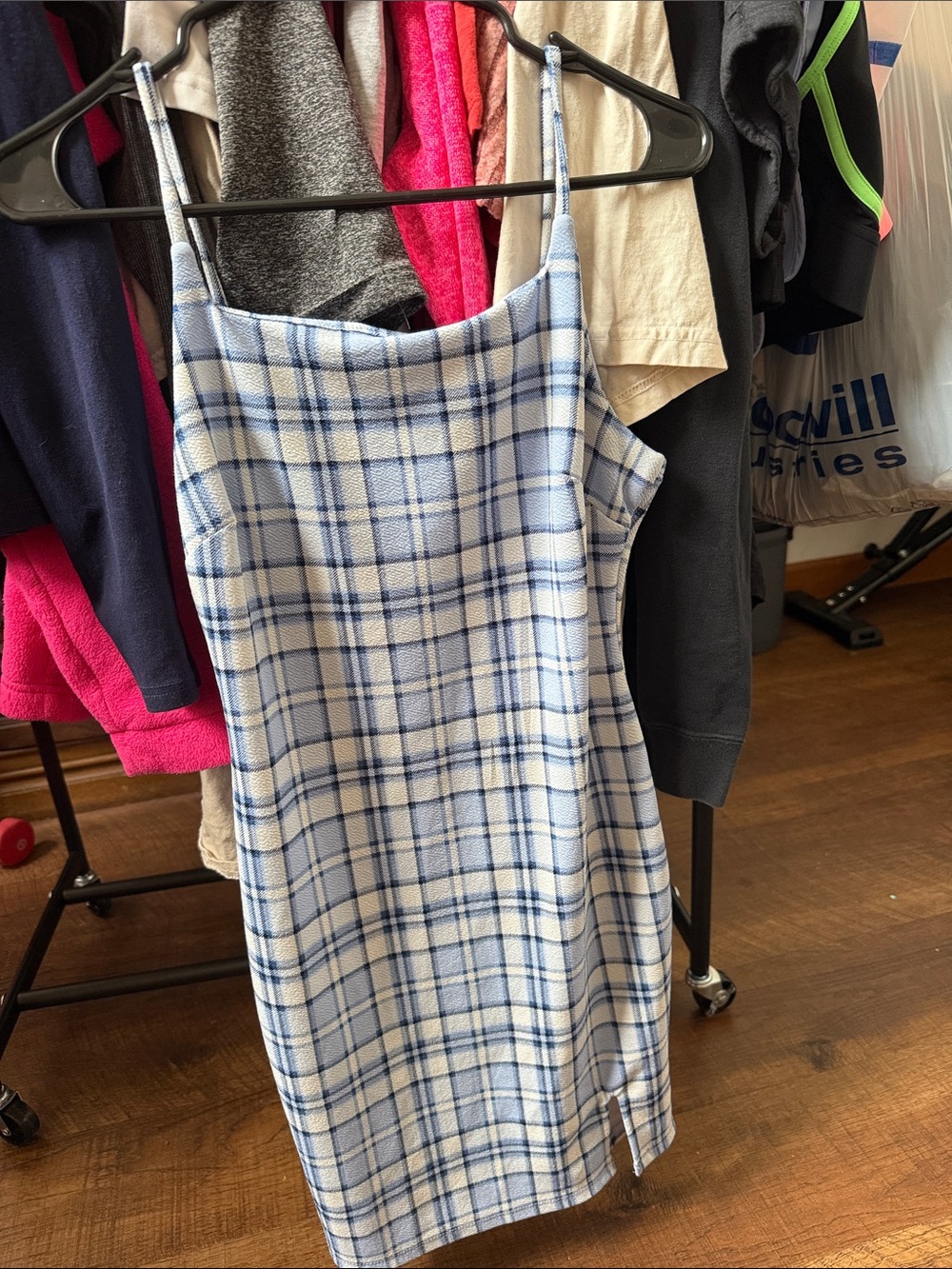 No Boundaries Light Blue and White Plaid Slip Dress